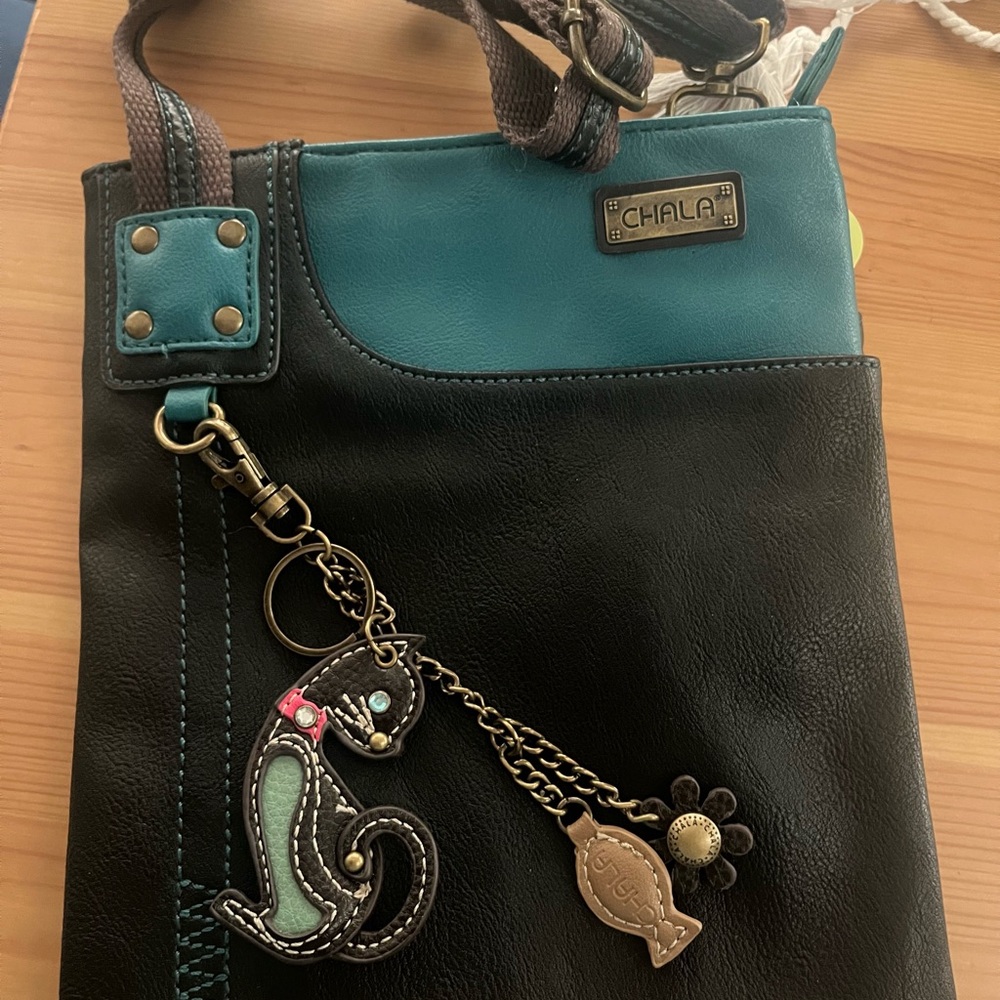 Chala Crossbody Bag Blue and Black with Decorative Charm - Picture 5 of 8